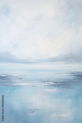 An abstract portrayal of a tranquil seascape  with gentle streaks of pastel blue and soft gray  mirroring a calm  overcast day by the ocean.