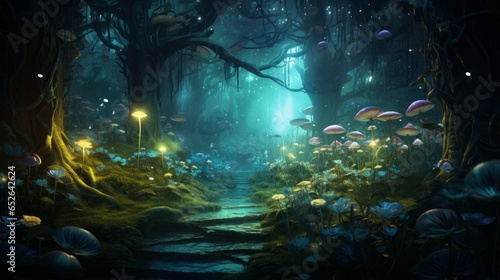 A hidden garden filled with bioluminescent plants, where a curious fairy explores the enchanted flora.
