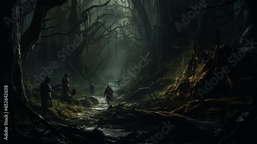 A perilous journey through a dark and twisted forest, where a group of adventurers faces mythical creatures and treacherous paths.