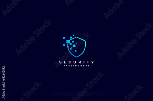 Security shield with square pixel icon technology logotype concept idea. Vector Design template element

