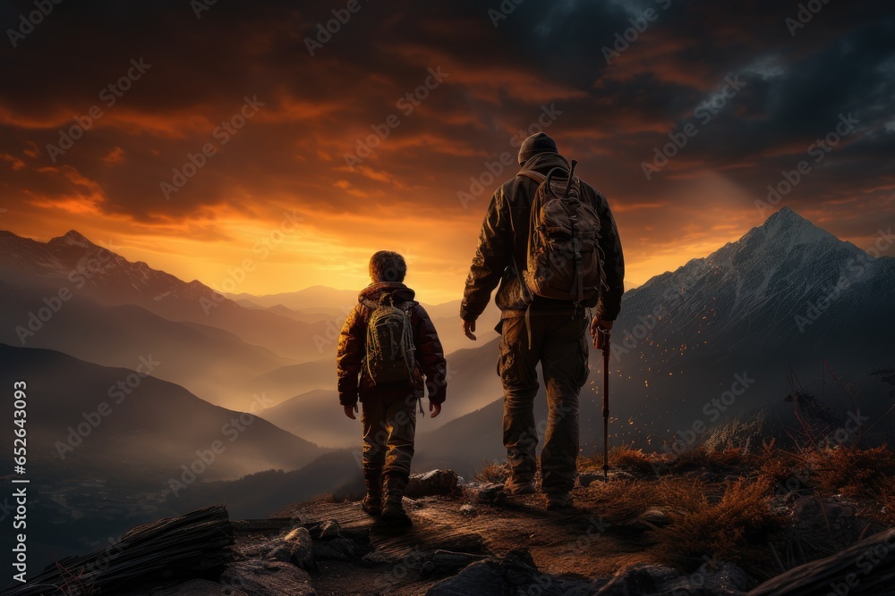 A Journey of Strength and Love: Hiker Father and Son Reach New Heights Together - obrazy, fototapety, plakaty 