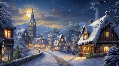 A picturesque snowy village scene with twinkling lights and a decorated Christmas tree, capturing the magic of the holiday season.