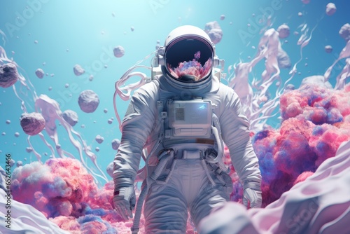 A character in a pastel pink astronaut suit gazes upwards in awe  surrounded by a pastel purple cosmos  emphasizing the minimalist and cosmic elements.