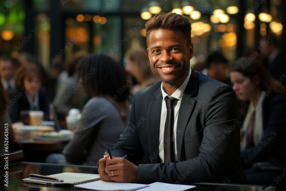 Black businessman as a financial advisor job position smiling and sitting in corporate restaurant while confident wearing formal suit and necktie