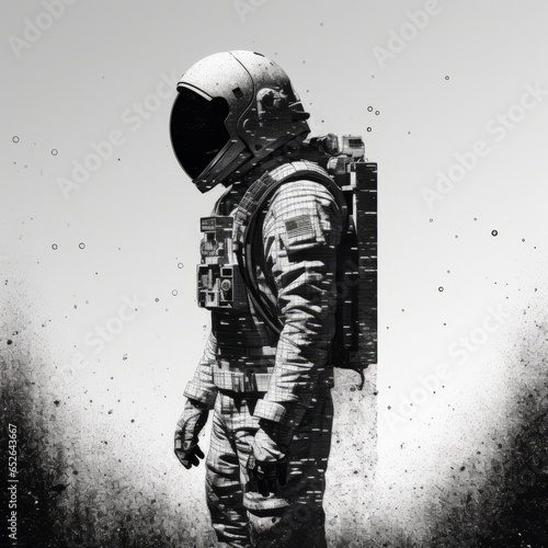 A pixelated representation of an abstract astronaut suit in monochromatic pixelated tones, emphasizing the minimalist and timeless nature of space travel.