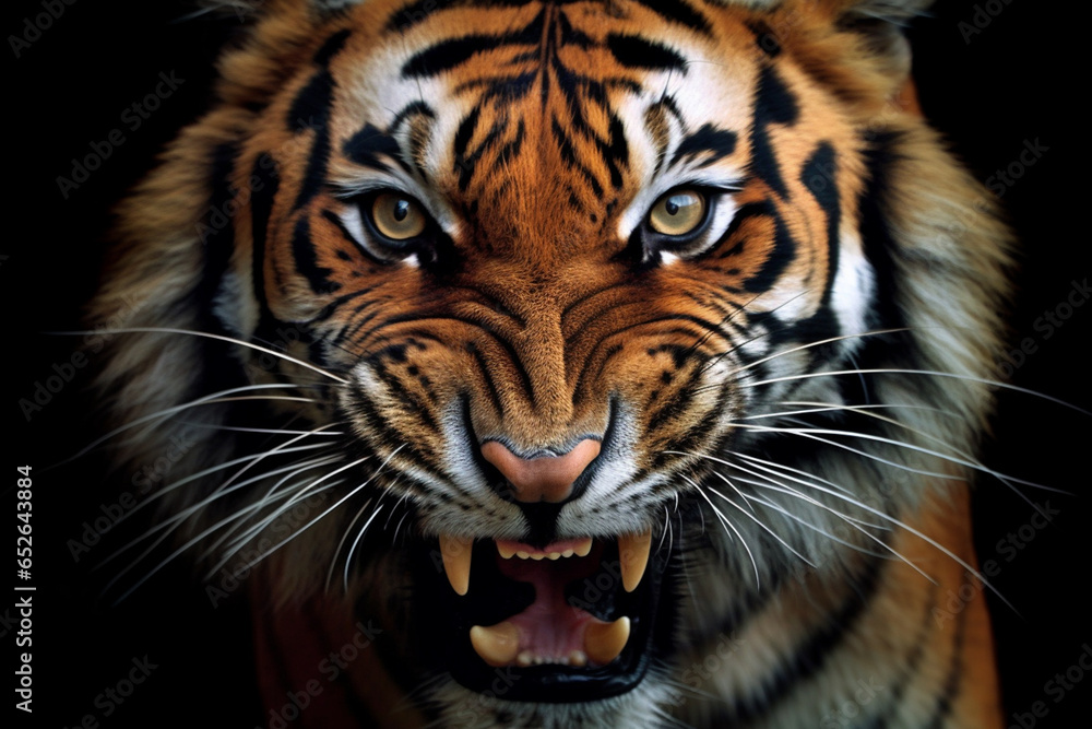A striking photograph of a tiger, capturing its vibrant orange and black stripes and intense gaze. Generative AI technology. A striking photograph of a tiger, capturing its vibrant orange and black stripes and intense gaze. Generative AI technology.