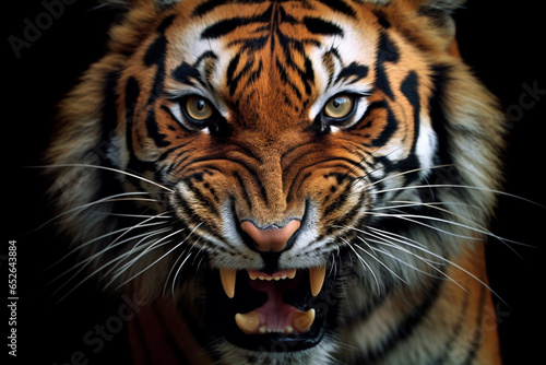  A striking photograph of a tiger, capturing its vibrant orange and black stripes and intense gaze.  Generative AI technology. © Oleksandr