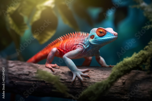  A fascinating image of a lizard on a tree branch  displaying its ability to blend into its environment and agile movements.  Generative AI technology.