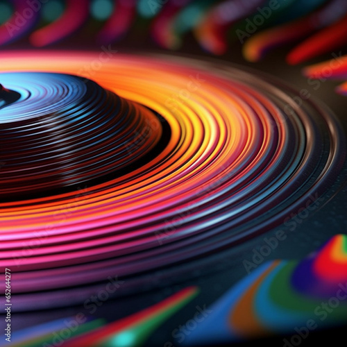  A close-up photograph of a vinyl record spinning on a turntable, capturing the grooves and texture of the record surface. Generative AI technology.