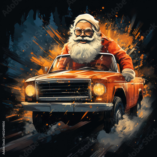Santa Claus riding on car , T-shirt design Santa Claus characters driving