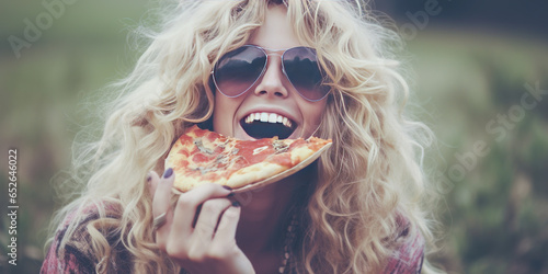 Captivating display of a free-spirited, serene hippie woman relishing pizza, her bliss framed in desaturated, cold tones evoking feelings of simplicity and natural independence.