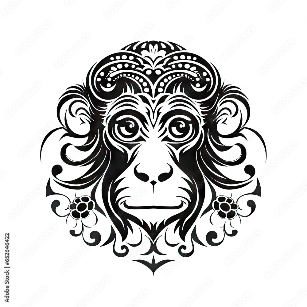 Ornate Monkey Icon, Monkey Portrait Isolated, Chinese Horoscope Minimal Symbol on White Background
