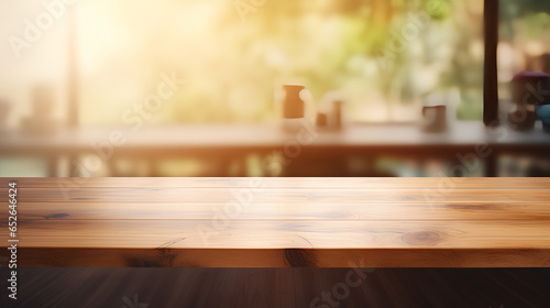 Empty wood table top on blur kitchen in morning sunshine  background beautiful bokeh. © theevening
