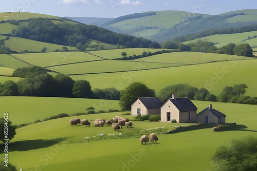 **Generate an idyllic countryside scene with rolling hills, grazing sheep, and a charming stone cottage.
