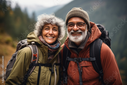 Portrait of Seniors Couple Hiking in the Mountain - Joyful Group Outdoor Activity