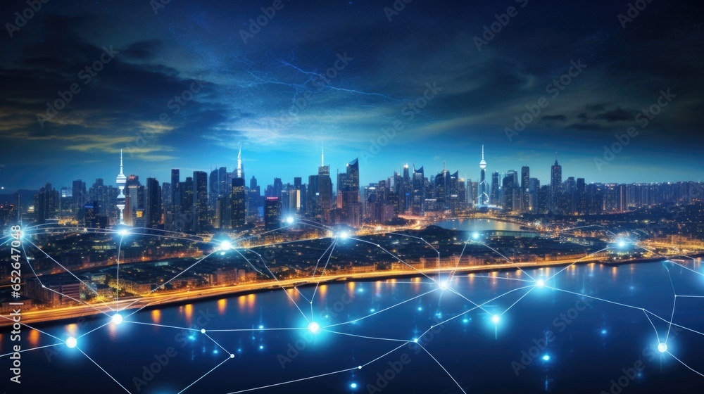 Modern city with wireless network connection and city scape background.