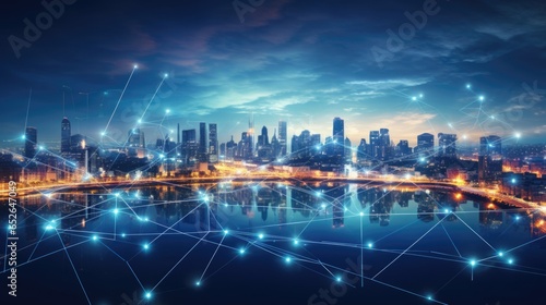 Modern city with wireless network connection and city scape background. photo