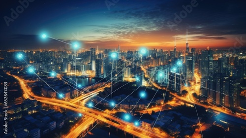 Modern city with wireless network connection and city scape background.