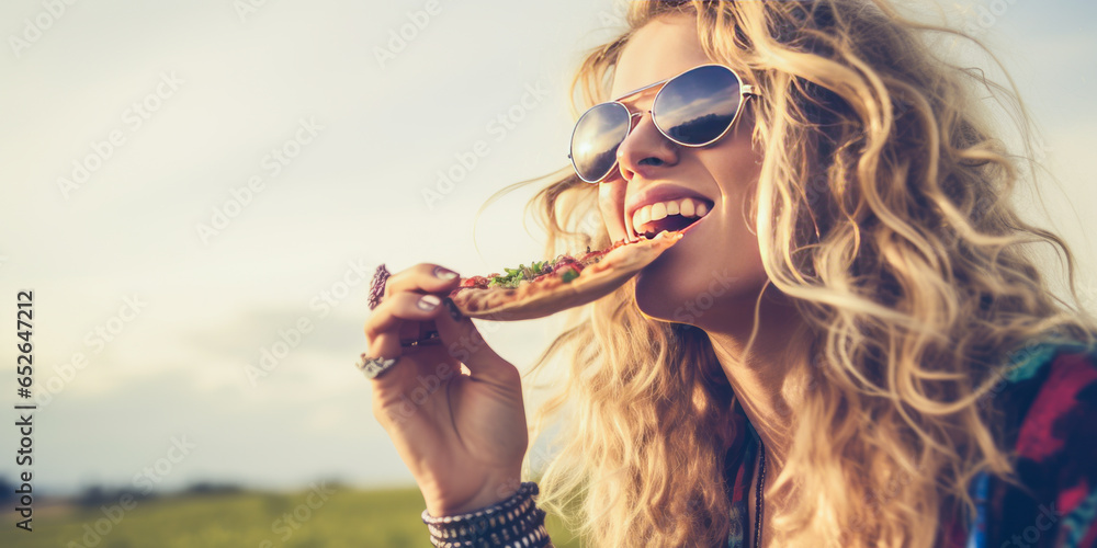 Captivating young, cool blonde woman indulging in pizza amidst nature, rendered in desaturated cold hues giving it a serene, free-spirited, and peaceful hippie vibe. - obrazy, fototapety, plakaty 