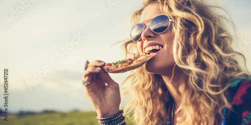 Captivating young, cool blonde woman indulging in pizza amidst nature, rendered in desaturated cold hues giving it a serene, free-spirited, and peaceful hippie vibe. photo