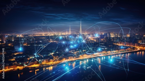 Modern city with wireless network connection and city scape background. © morepiixel