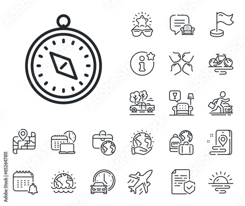 Trip sign. Plane jet, travel map and baggage claim outline icons. Travel compass line icon. Holidays symbol. Travel compass line sign. Car rental, taxi transport icon. Place location. Vector