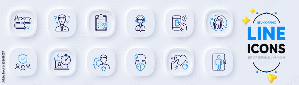 Brand, Support consultant and Timer line icons for web app. Pack of Elevator, Bitcoin pay, Sick man pictogram icons. Shipping support, Hold heart, Security agency signs. Teamwork. Vector Brand, Support consultant and Timer line icons for web app. Pack of Elevator, Bitcoin pay, Sick man pictogram icons. Shipping support, Hold heart, Security agency signs. Teamwork. Vector