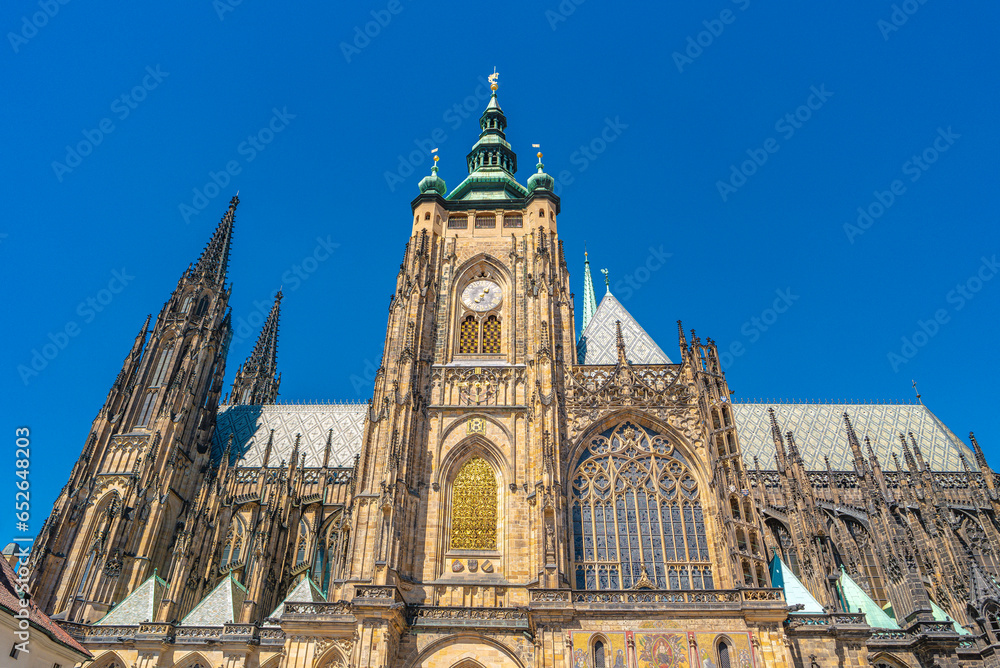 Magnificent Saint Vitus Cathedral in Prague, Czech Republic, at blue sky and sunny day