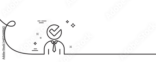 Human silhouette with Check line icon. Continuous one line with curl. Business or Education concept sign. Vacancy single outline ribbon. Loop curve pattern. Vector