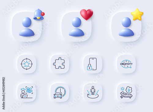 Puzzle, Book car and Difficult stress line icons. Placeholder with 3d bell, star, heart. Pack of Augmented reality, Star target, Creativity icon. Lock, Lounger pictogram. For web app, printing. Vector