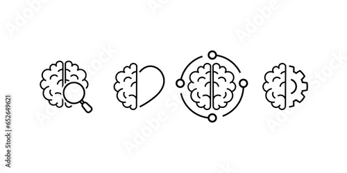 Tech Science, Brainstorm, Knowledge Black Line Icon Set. Human Brain and AI Pictogram Collection. Artificial Intelligence Symbol on White Background. Editable Stroke. Isolated Vector Illustration