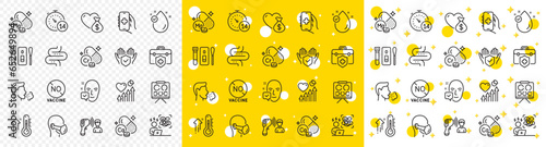 Outline Insurance hand, Health app and Difficult stress line icons pack for web with Face accepted, High thermometer, No vaccine line icon. Cough, Medical mask, Vitamin e pictogram icon. Vector