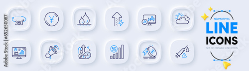 Difficult stress, Candlestick chart and Waterproof line icons for web app. Pack of Analytics graph, 360 degrees, 5g wifi pictogram icons. Vaccine attention, Energy growing, Yen money signs. Vector
