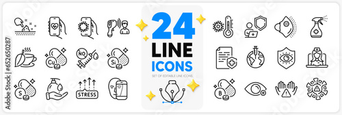 Icons set of Covid app, Skin moisture and Mint tea line icons pack for app with Wash hands, Shield, Sulfur mineral thin outline icon. Medical mask, Stress grows, Clean hands pictogram. Vector