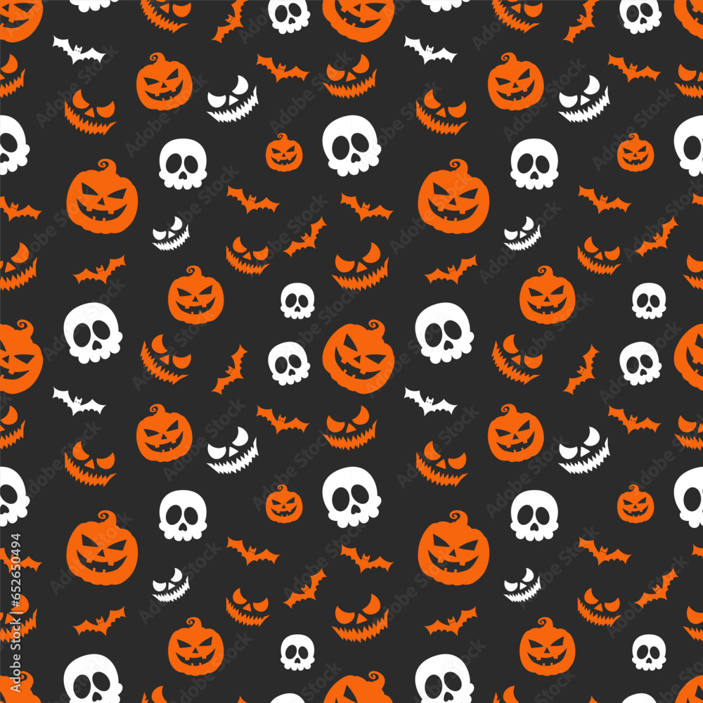 Fototapeta premium Halloween pattern with cute pumpkins flying bats skills and scary faces isolated on black background