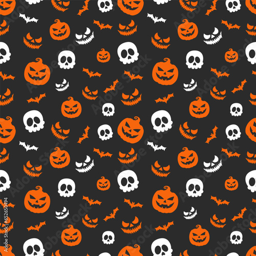 Halloween pattern with cute pumpkins flying bats skills and  scary faces isolated on black background