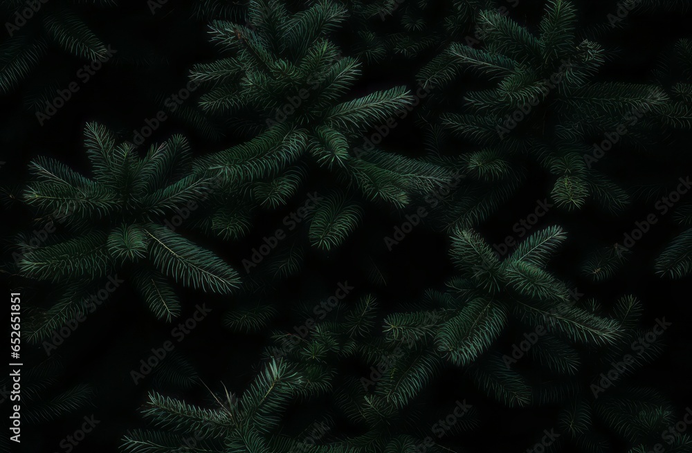 Beautiful Christmas Background with green fir tree brunch close up. Copy space, trendy moody dark toned design for seasonal quotes. Vintage December wallpaper. Natural winter holiday forest backdrop - obrazy, fototapety, plakaty 