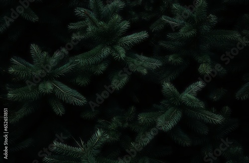 Beautiful Christmas Background with green fir tree brunch close up. Copy space  trendy moody dark toned design for seasonal quotes. Vintage December wallpaper. Natural winter holiday forest backdrop