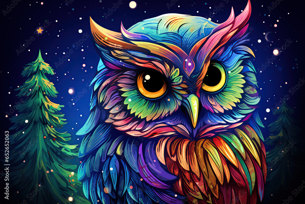 illustration of a colorful owl in a magical winter night illustration of a colorful owl in a magical winter night