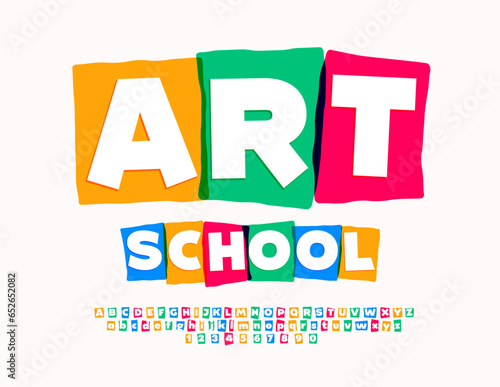 Vector creative banner Art School. Colorful artistic Font. Funky set of Alphabet Letters and Numbers photo