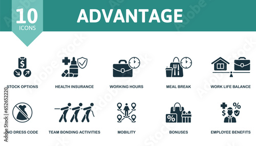 Advantage set. Creative icons: stock options, health insurance, working hours, meal break, work life balance, no dress code, team bonding activities, mobility, bonuses, employee benefits.