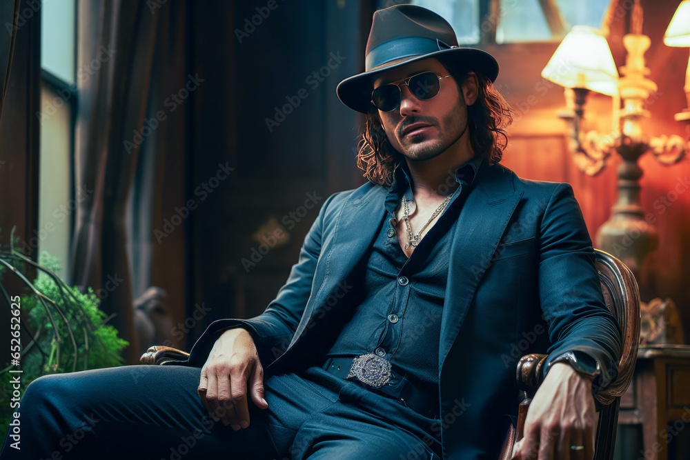 Captivating image of a mysterious man in full dark attire, exuding an aura of the underworld's bad boy while slouched in an armchair. - obrazy, fototapety, plakaty 