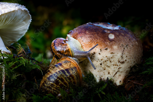 Duo d'escargots sur champignon (Petit-Gris - Cornu aspersum) photo
