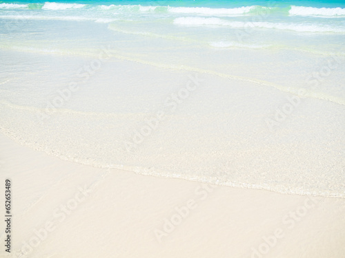 Wave Ocean Water Blue Sea Beach Background, Abstract Spash Rough Spray Sand Coast Summer Seaside Shore Foam Calm on White Sandy Texture Soft Seashore Calm Nature Landscape for Toursim Travel Vacation.