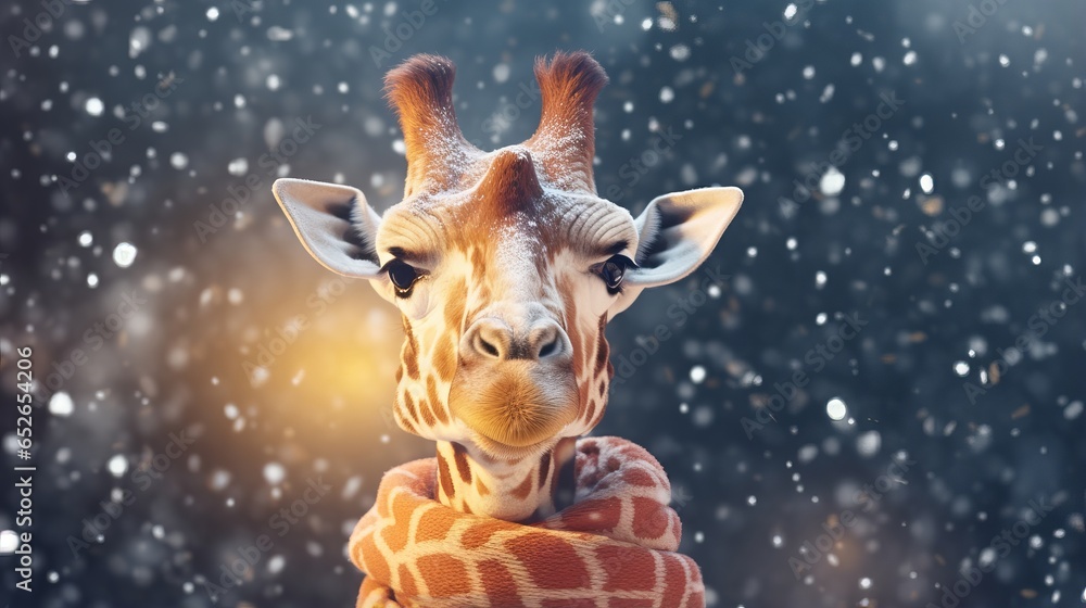 Giraffe in winter. Portrait of a majestic giraffe. Beautiful giraffe on a blurred background with copy space.