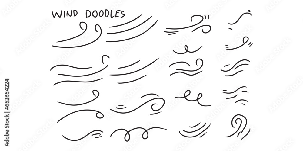 set of black hand drawn wind doodles isolated on white background set of black hand drawn wind doodles isolated on white background