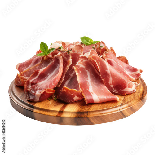 iberico ham on wooden plate isolated on transprent background,Transparency 