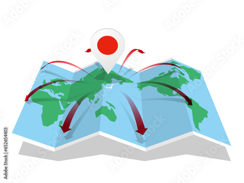 日本から八方へのびる矢印の世界地図とマーカー　ベクターイラストレーション