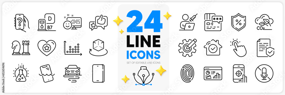 Icons set of Like, Certificate and Diesel station line icons pack for app with Dot plot, Chess, Cogwheel thin outline icon. Help app, Heart, Seo statistics pictogram. Co2 gas, Touchpoint. Vector