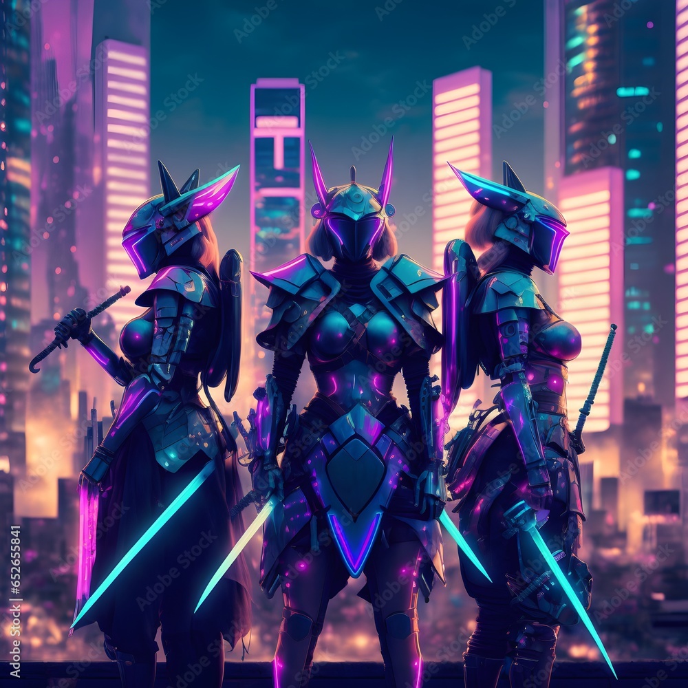 three hard shiney neon metal armored ninja japanese women with swords on a japanese city background 